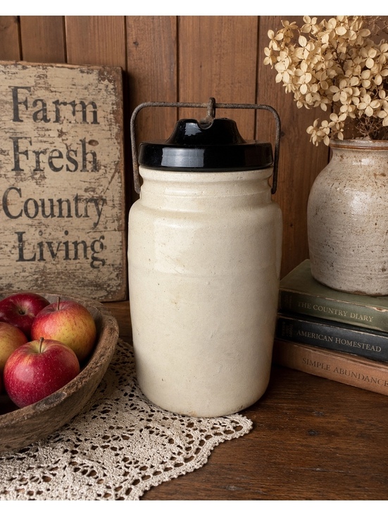 Other - Antique Stoneware Canning Jar Black Lid Wire Bail Primitive Fruit Preserve Crock
